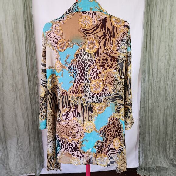 Zac & Rachel Gold Yellow Blue Teal Sheer Long Sleeve Button Up Blouse Size L - Picture 3 of 5